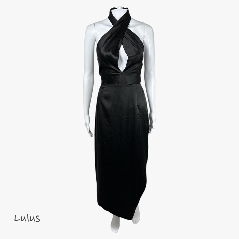 Lulus Women's Satin Sleeveless Halter Midi Dress in Black Size M Glam Prom